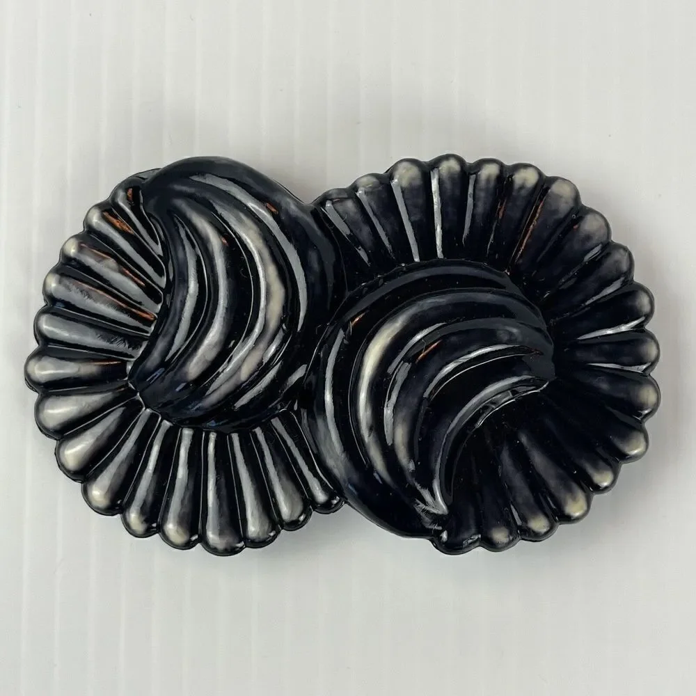 Vintage Belt Buckle Plastic Black Swirl Double Flower Shell Design